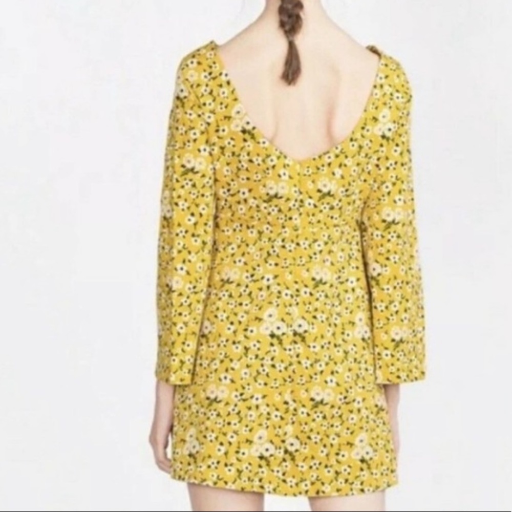 Zara Trafaluc Yellow Floral Bell Sleeve Mini Dress Size M - Picture 2 of 13